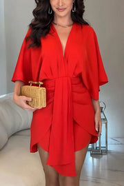 Solid Color V-Neck Half Sleeve Casual Irregular Mini Dress