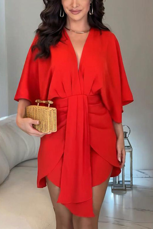 Solid Color V-Neck Half Sleeve Casual Irregular Mini Dress