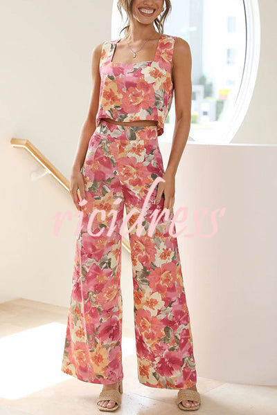 Truly Darling Floral Square Neck Tank and High Rise Wide Leg Pants Set