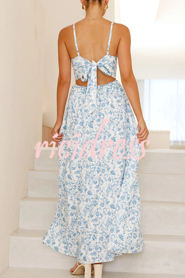 Floral Print V-Neck Sleeveless Back Tie Pocket Maxi Dress