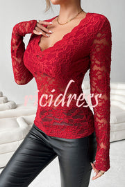 Solid Color Lace V-neck Long-sleeved Slim-fit Top