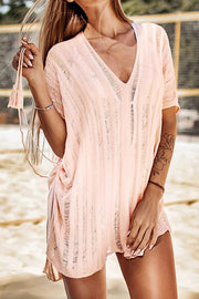 Charming Knitted Cutout V Neck Slit Lace Up Sun Cover Up