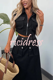 Athleisure Zipper Pocket Sleeveless Jacket and Belted Cargo Midi Skirt Set