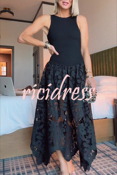 Atlas Asymmetric Ribbed-knit and Guipure Lace Back Zipper Midi Dress