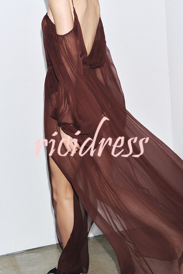 Marsie Semi-sheer Fabric Cutout Off Sholder Elastic Waist Slit Maxi Dress
