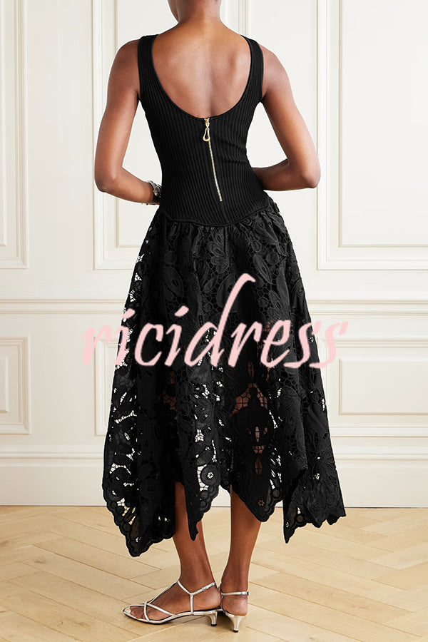 Atlas Asymmetric Ribbed-knit and Guipure Lace Back Zipper Midi Dress
