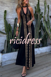 Meret Gold Geometric Print Halter Backless Stretch Maxi Dress