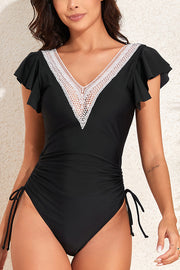 Fashionable V-neck Ruffled Flying Sleeves Stretch One-piece Swimsuit