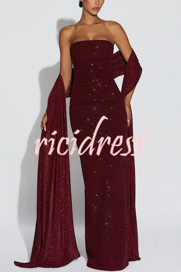 Pandra Glittery Crepe Fabric Off Shoulder Ruched Slit Cape Maxi Dress