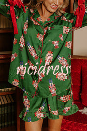 Christmas Dreaming Satin Nutcrackers Print Velvet Trim Elastic Waist Pocketed Pajama Shorts Set