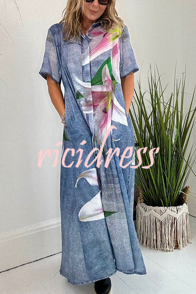 Carleen Faux Denim Fabric Orchid Print Pocketed Shirt Maxi Dress
