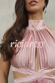 Stunning Choice Satin Pleated Halter High Neck Cutout Waist Backless Maxi Dress