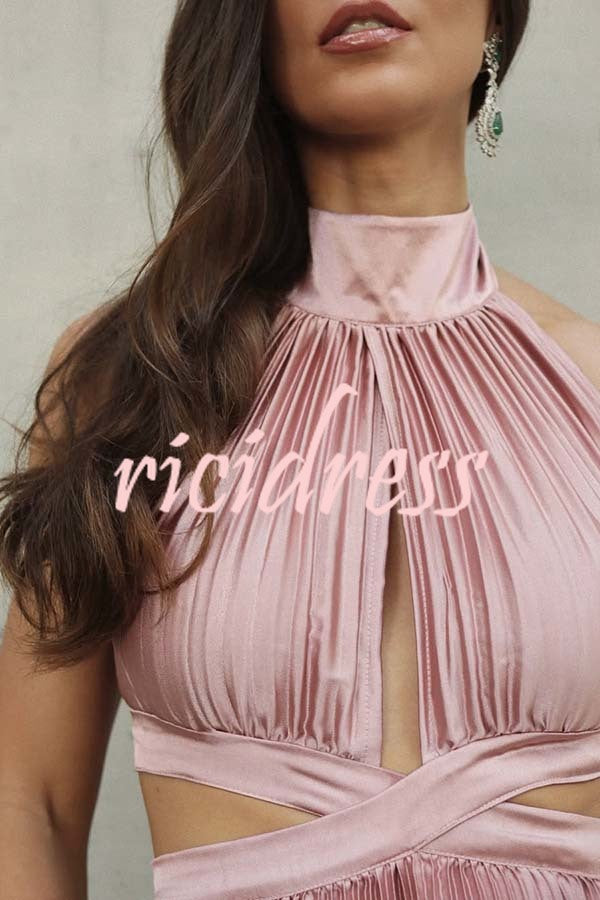 Stunning Choice Satin Pleated Halter High Neck Cutout Waist Backless Maxi Dress