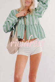 Stylish Striped Print V-neck Tie Top and Elastic Waist Loose Shorts Set