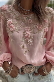Bohemian Floral Print Round Neck Long-sleeved Loose Top