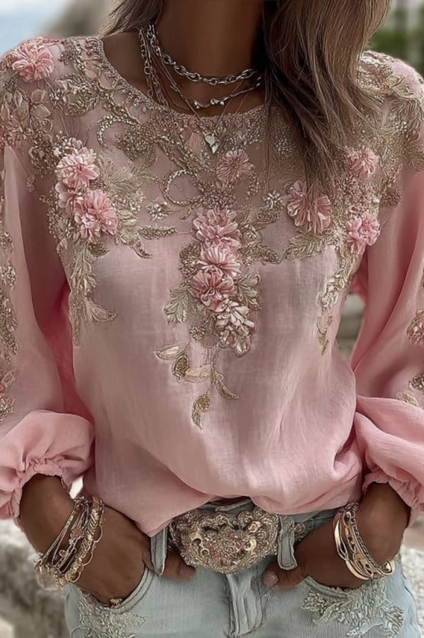 Bohemian Floral Print Round Neck Long-sleeved Loose Top