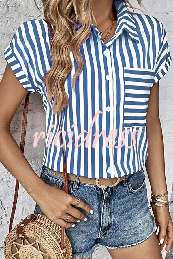 Striped Print Short Sleeve Pocket Shirt Top