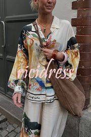 Ellison Unique Print Button Up Long Balloon Sleeve Loose Blouse