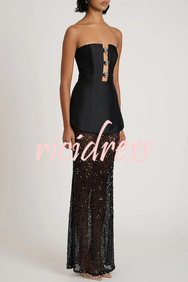 Nerissa Satin cutout metal ball Patchwork sequin hem strapless maxi dress
