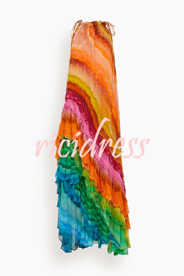 Rosha Georgette Crepe Tie-dye Print Layered Ruffles A-line Maxi Dress