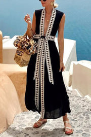 Fashionable Lock-edge Printed V-neck Lace-up Holiday Cover-up Robe
