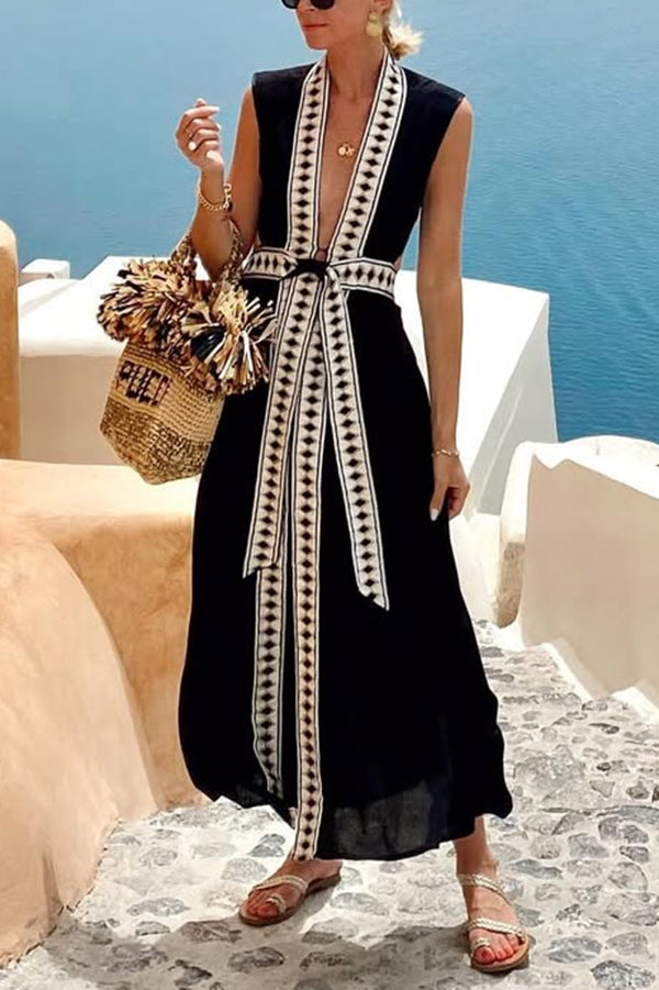 Fashionable Lock-edge Printed V-neck Lace-up Holiday Cover-up Robe