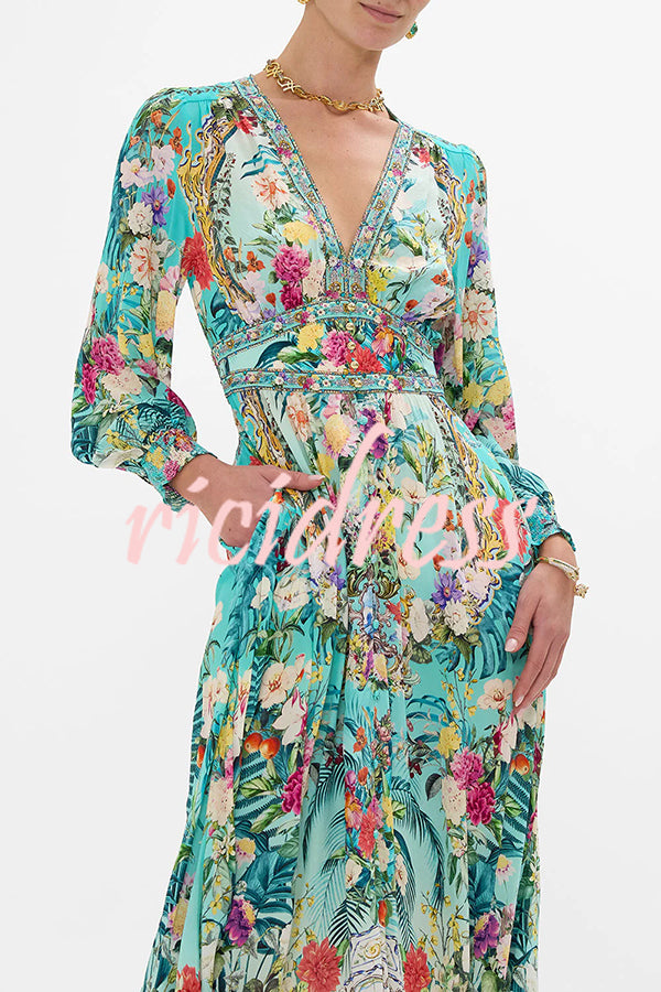 Fairy Tale Print V-Neck Lantern Sleeve Waist Maxi Dress