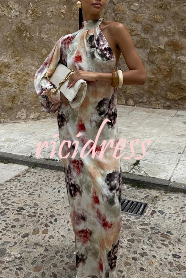 Ninah Satin Tie-dye Print Tie-up Neck One Sleeve H-line Maxi Dress