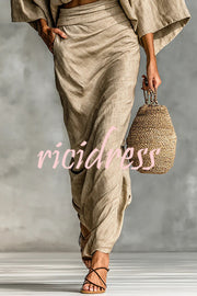 Linen Blend Batwing Sleeve Loose Top and Casual Pocket Maxi Skirt Set