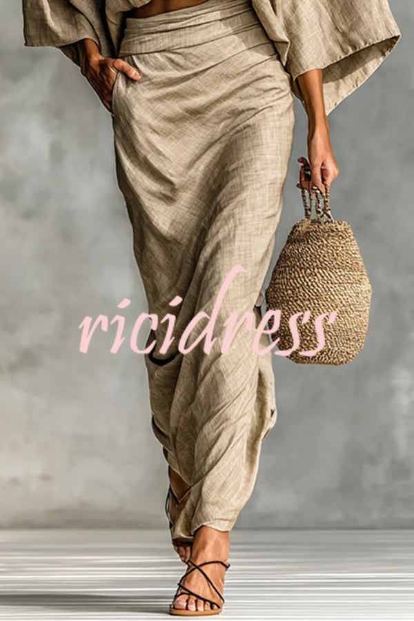 Linen Blend Batwing Sleeve Loose Top and Casual Pocket Maxi Skirt Set
