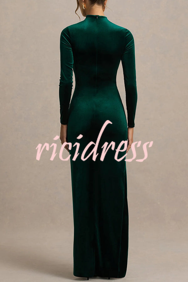 Wishes Velvet High Neck Long Sleeve Ruched Waist Wrap Slit Stretch Maxi Dress