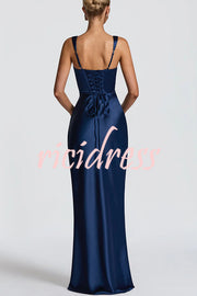 Calanthe Satin Square Neck Ruched Back Lace-up Drape Mesh Scarf Maxi Dress