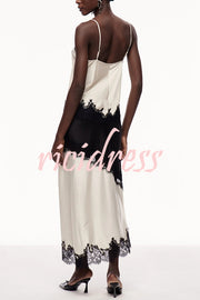 Party Focus Contrast Color Satin Lace Trim V-Neck Slip Tank