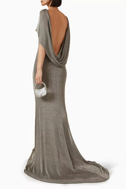 Fit and Elegance Fine Shimmering Fabric Open Cowl Back Draped Neckline Maxi Dress