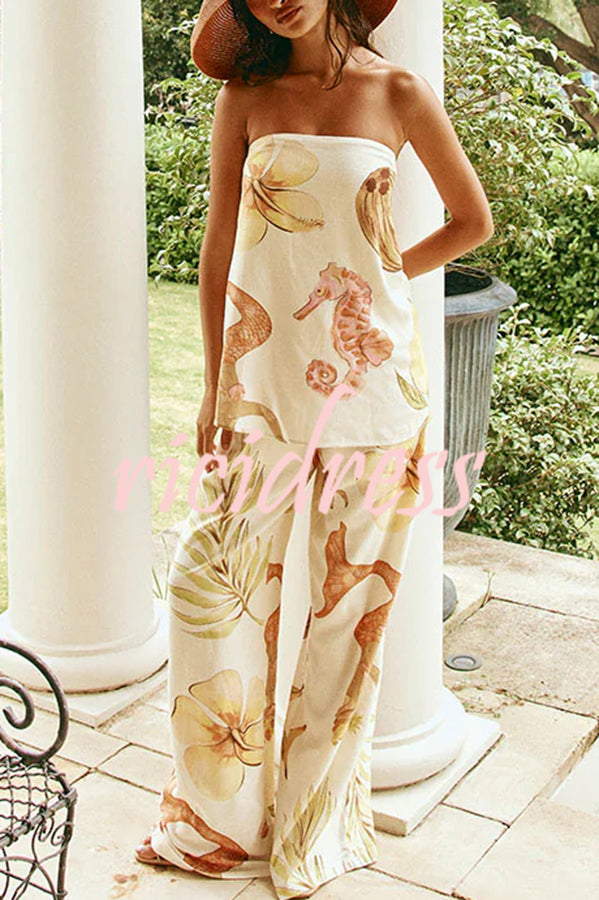 Island Time Linen Blend Unique Print Strapless Top and Elastic Waist Pocket Loose Pants Set
