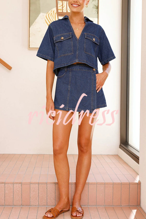 Summer V-neck Short-sleeved Loose Top and Irregular Pocket Jeans Skirt Set