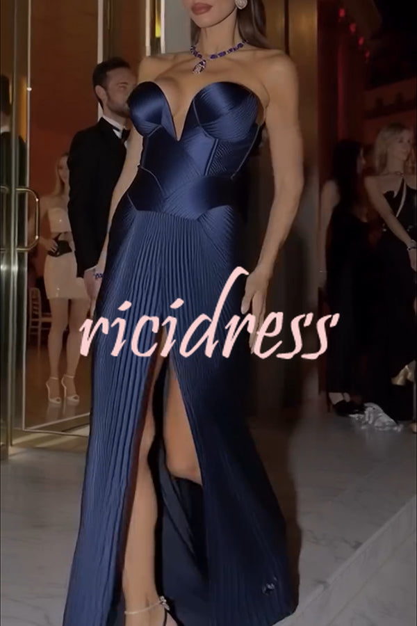 Stunning The Audience Plissé Satin Off Shoulder Drape Slit Gown Maxi Dress