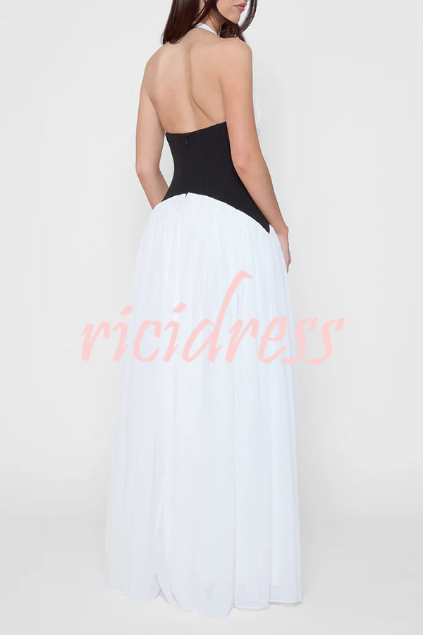 Fashionable Color Matching Sexy Halter Neck Waist Maxi Dress