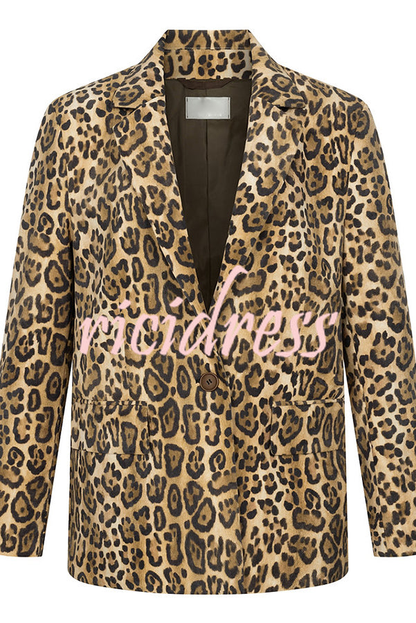 Catwalk Leopard Single Button Long Sleeve Pocketed Lapel Boyfriend Blazer