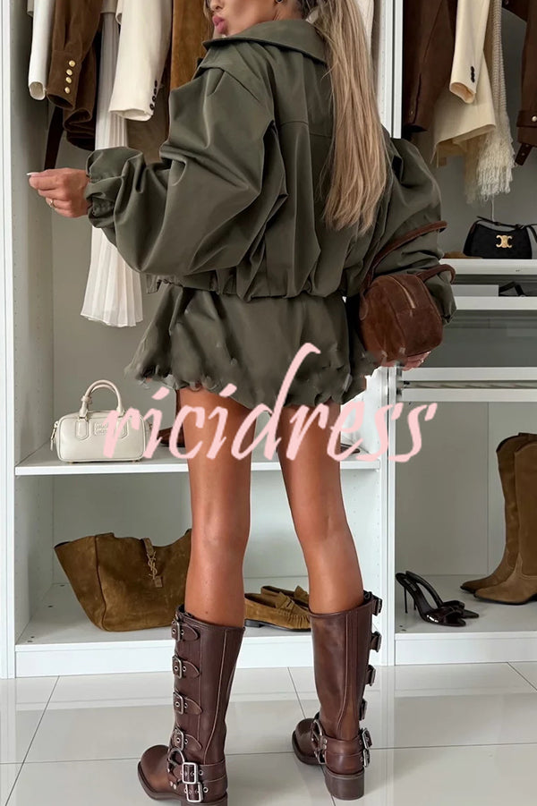 Fashion Style Button Long Balloon Sleeve Pocket Lapel Casual Bomber Jacket
