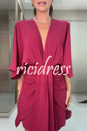 Solid Color V-Neck Half Sleeve Casual Irregular Mini Dress