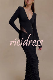 Sexy See-through Long-sleeved V-neck Pleated Slim-fit Maxi Dress