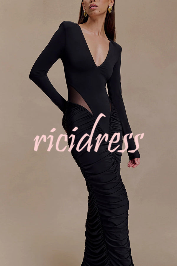 Sexy See-through Long-sleeved V-neck Pleated Slim-fit Maxi Dress