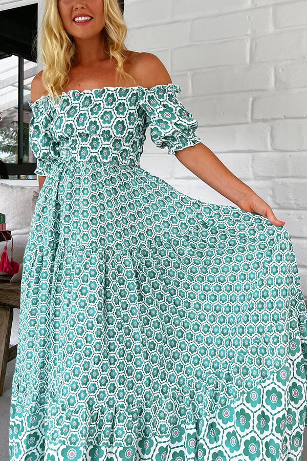 Floral Print Off-the-shoulder Puff-sleeve Pleated Maxi Dress