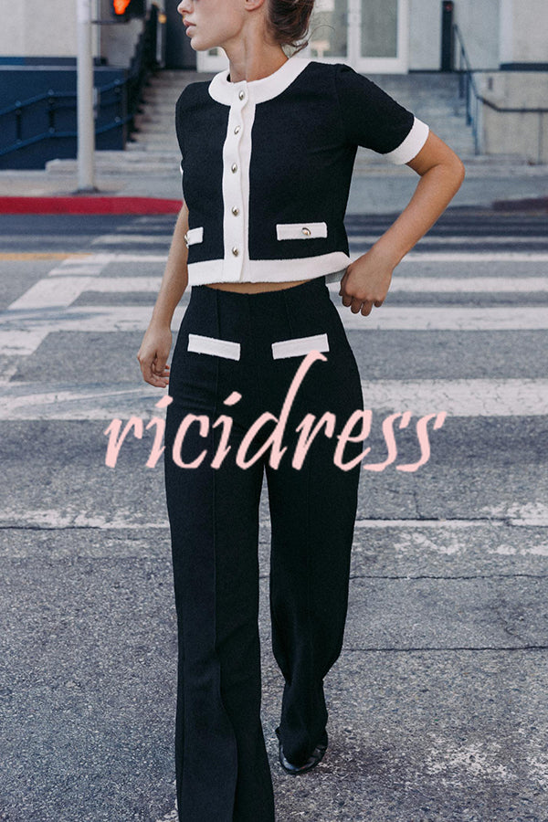 Fashion Contrast Color Stretch High Waist Casual Straight Pants