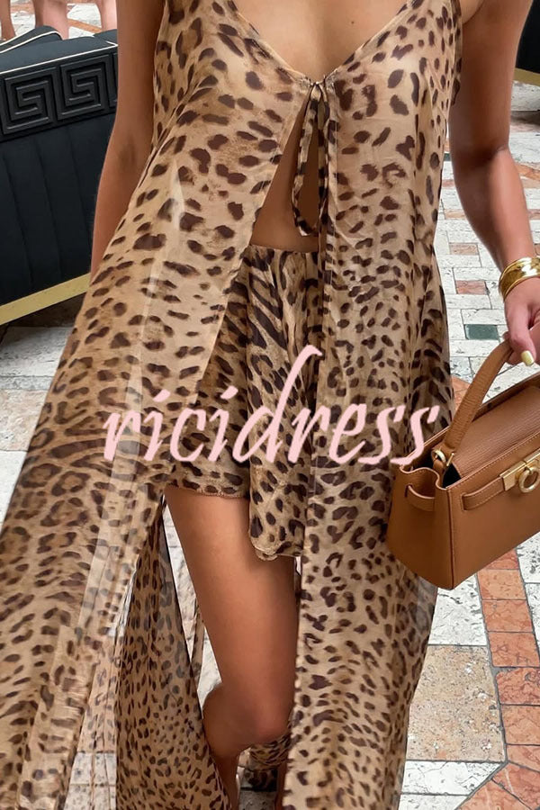 Immerse Vacation Leopard Tie-up Slit Midi Top and Elastic Waist Shorts Set