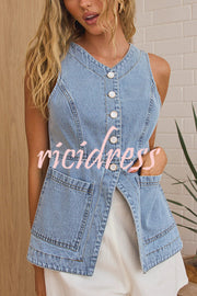 Fashionable Casual Slim Fit Button Pocket Denim Vest