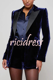 Bold Modern Velvet Contrast Satin Lapel Blazer and High Rise Pocket Shorts Set