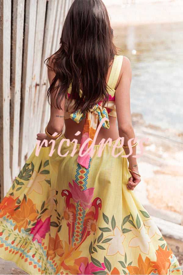 Resort Style Unique Print Sexy Square Neck Backless Waist Maxi Dress