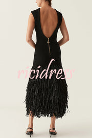 Christie Ribbed Patchwork Tiered Fringed Hem Zipper Backless Maxi Dress